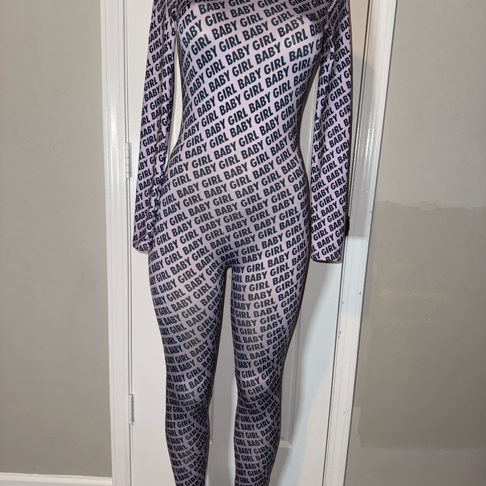 Fashion Nova Text Print Jumpsuit in Purple and White